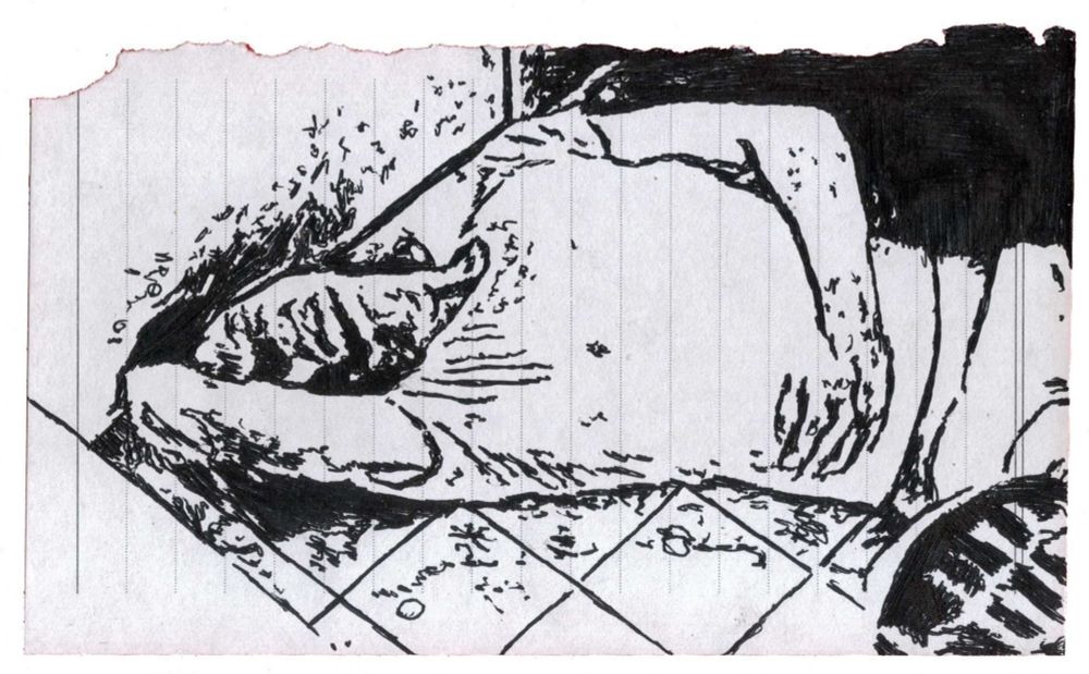 Pen drawing of Marilyn Chambers writhing on the bathroom floor drawn on a torn-out notebook page.