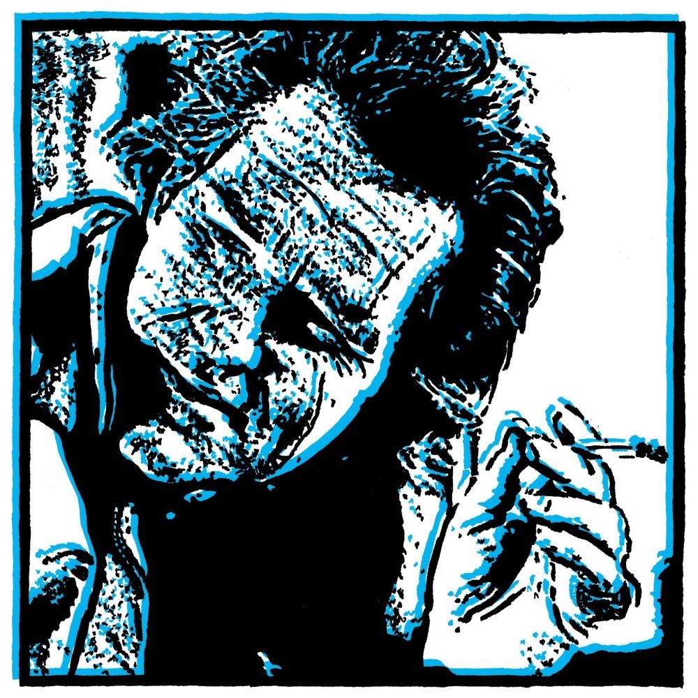 Cyan black and white pop art drawing of Kurt Russell wearing a jacket and smiling holding a cigarette drawn on a white background with an unhewn border.