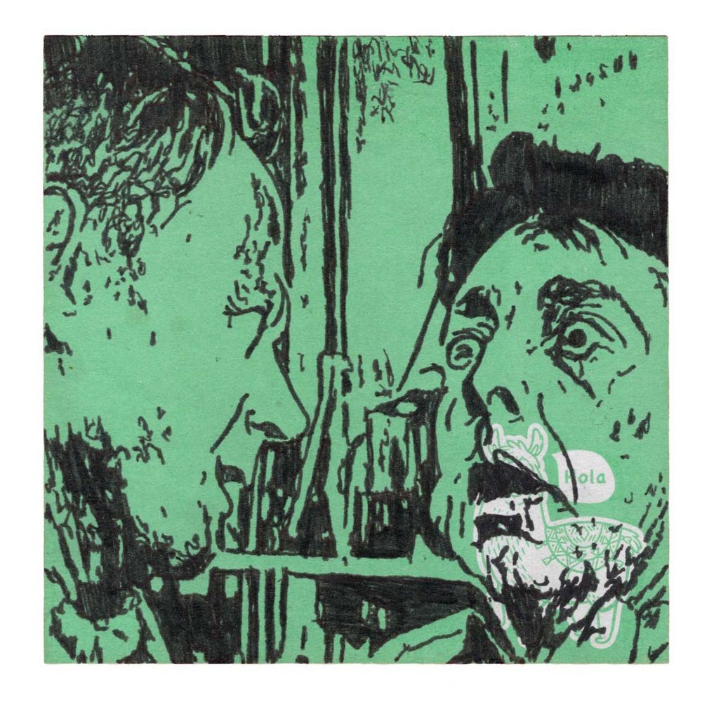 Pen drawing of two men staring each other down with scared expressions on their faces drawn on a green alpaca-themed Post-It note.