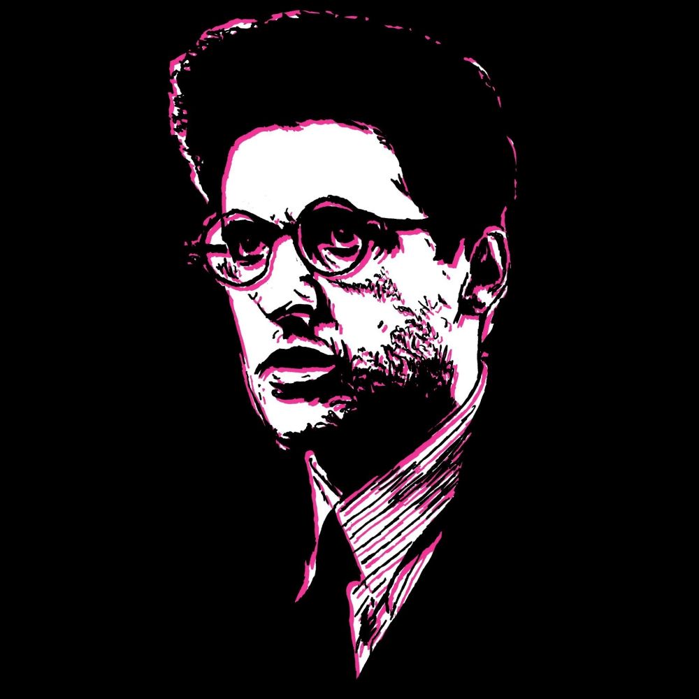 Magenta black and white pop art drawing of John Turturro wearing a suit and glasses with a worried expression on his face drawn on black background.