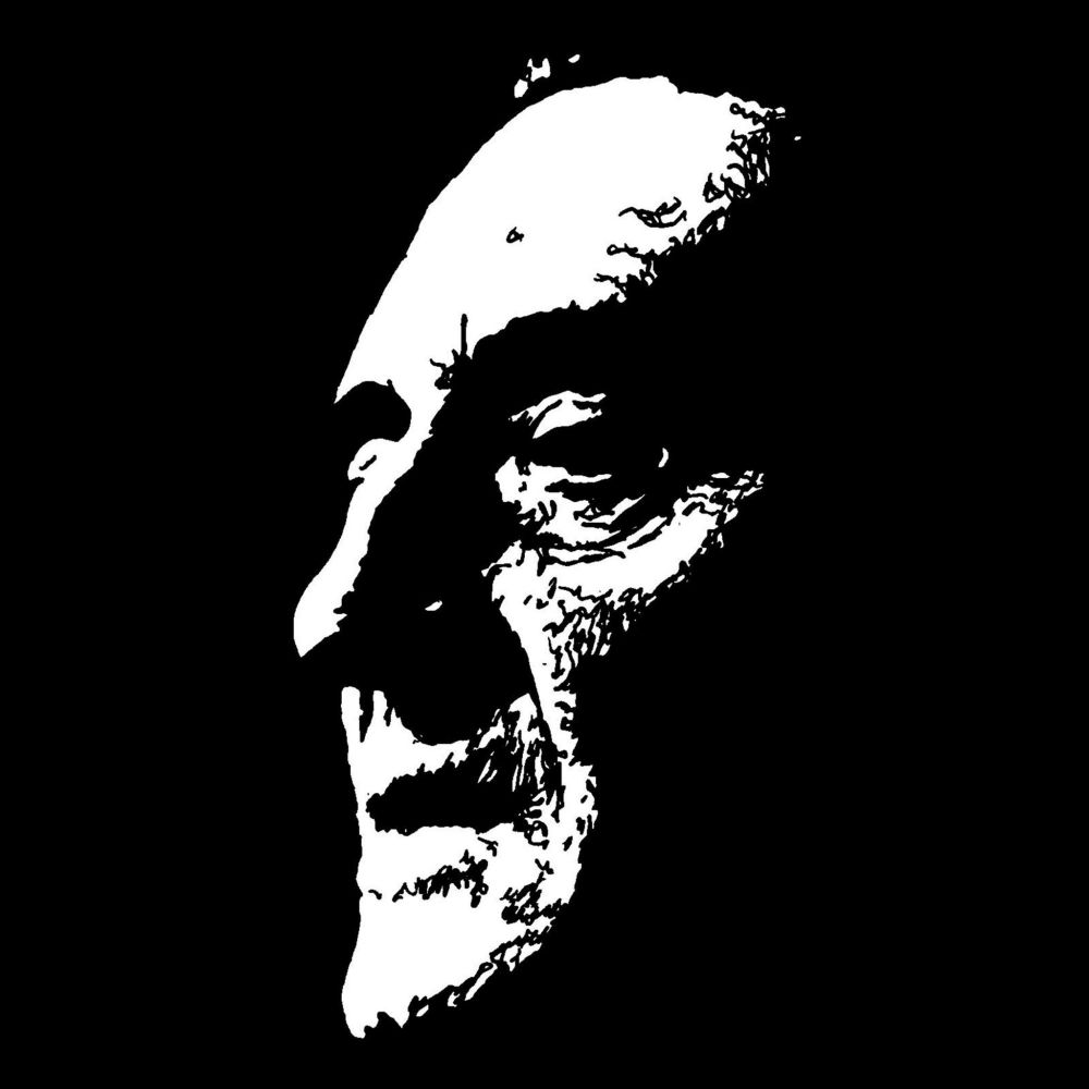 Pen drawing of Basil Rathbone looking to the left in profile with a worried expression on his face drawn on a black background.