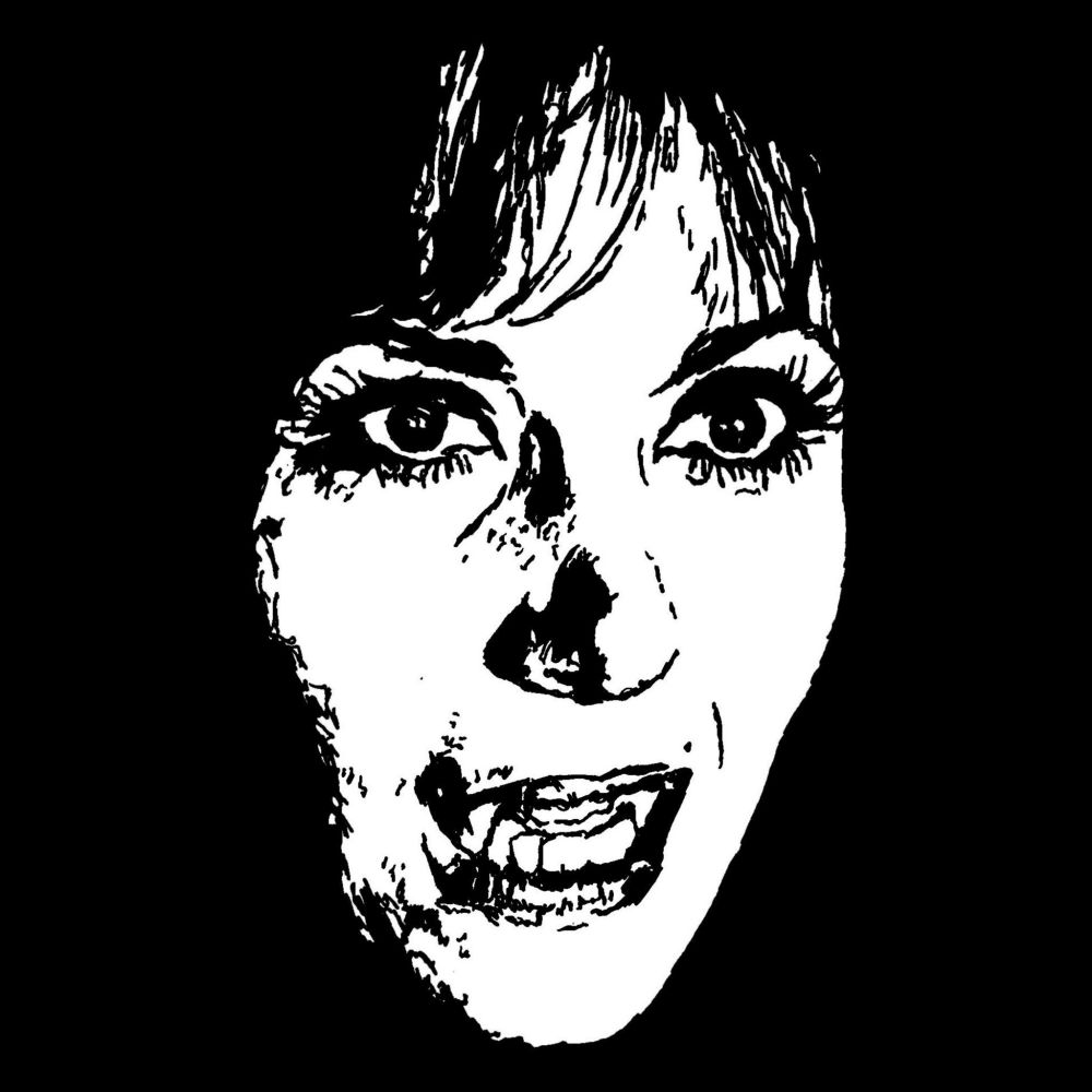 Pen drawing of Ingrid Pitt as a vampire baring her teeth drawn on a black background.