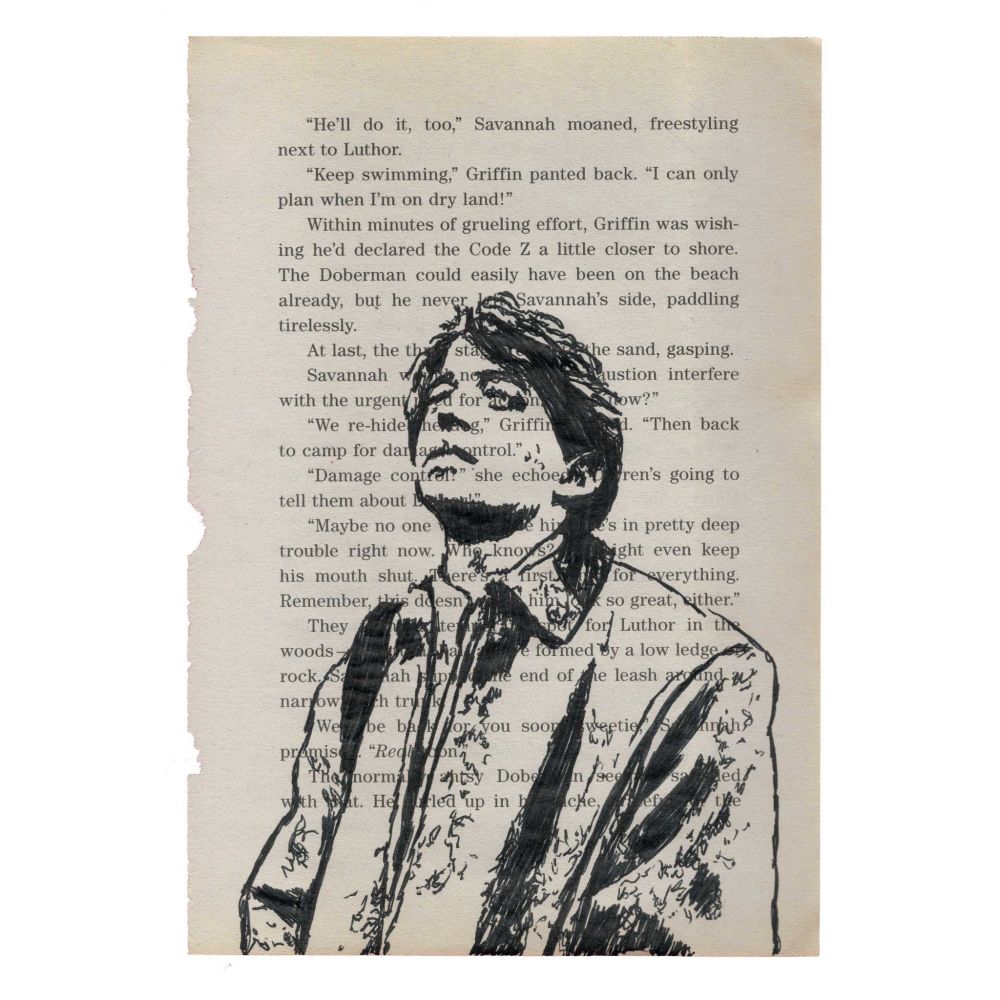 Pen drawing of a teen boy in a coat glancing upward drawn on a torn-out book page.