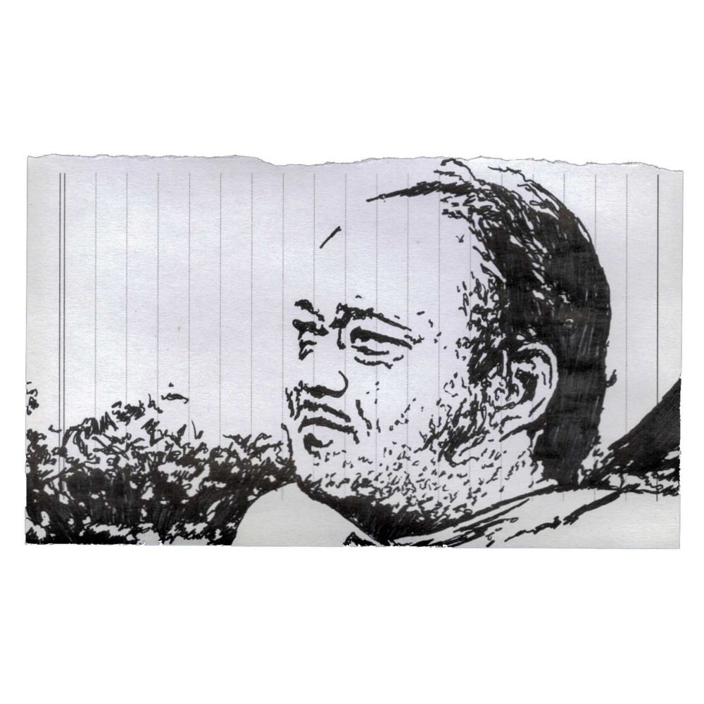 Pen drawing of Vic Diaz glancing to the left in front of trees with a contemplative expression on his face drawn on a small notebook page.
