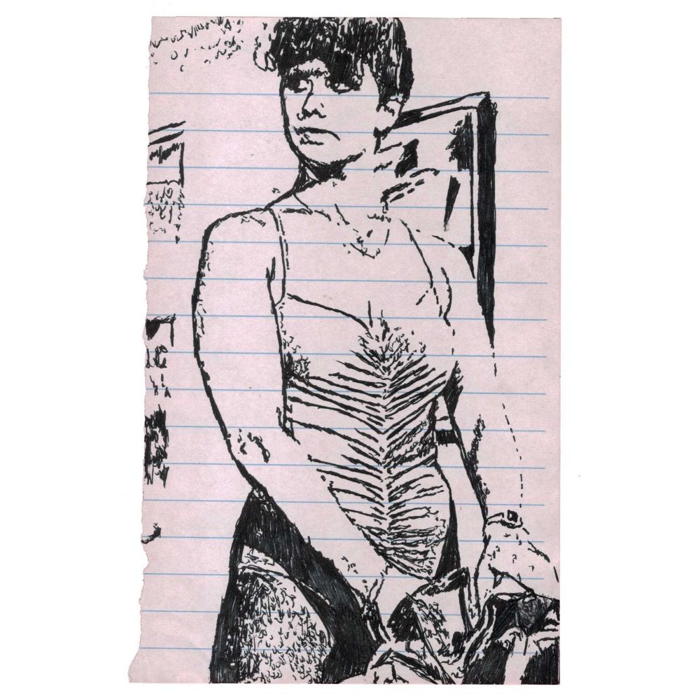 Pen drawing of Linda Blair putting rollerskates into a bag dran on a small notebook page.