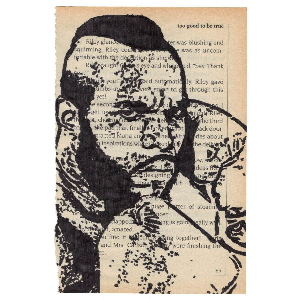 Pen drawing of Mr. T wearing boxing gloves drawn on a torn-out book page inspired by Rocky III
