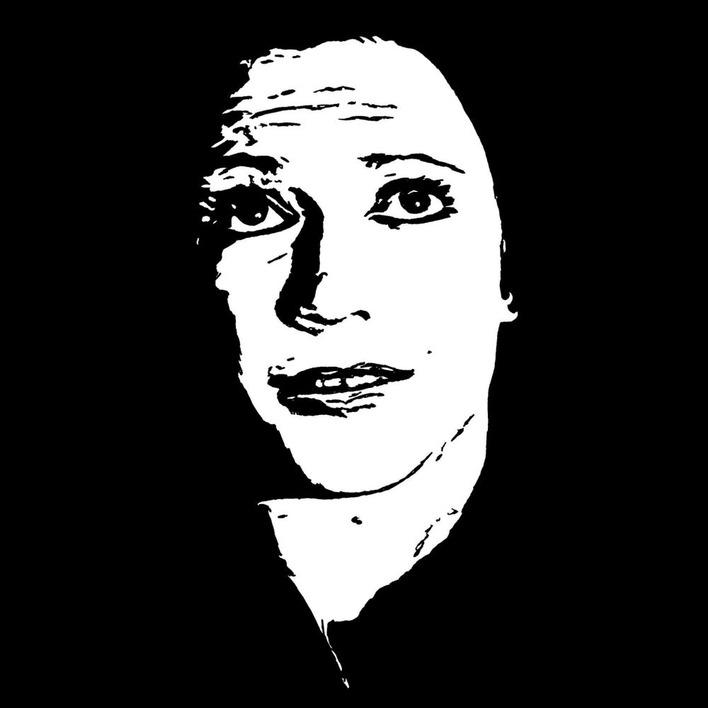 Pen drawing of Marilyn Chambers glancing upward smiling drawn on a black background.