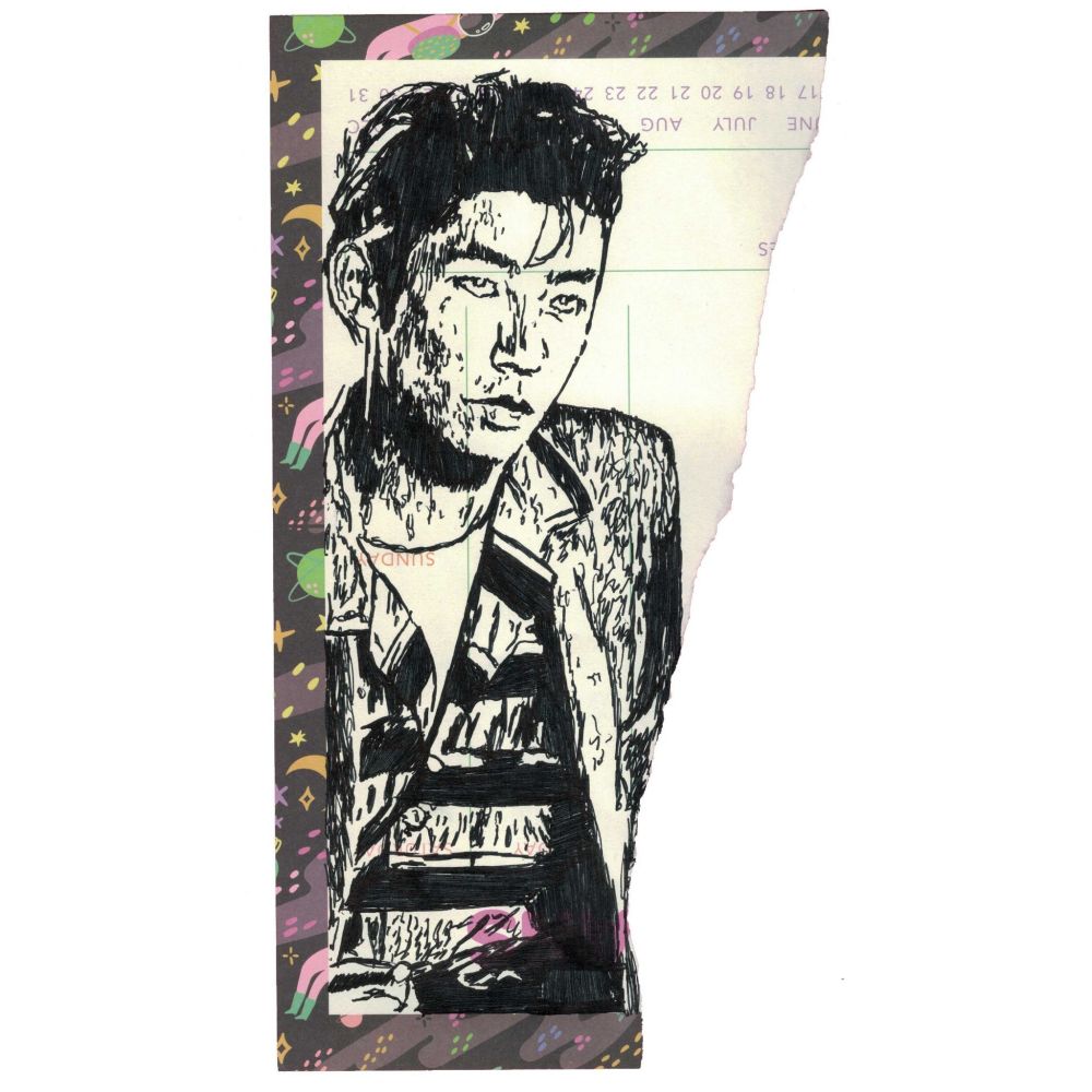 Pen drawing of Masatoshi Nagase wearing mod clothing with a cigarette behind his ear drawn on a torn space-themed weekly planner.