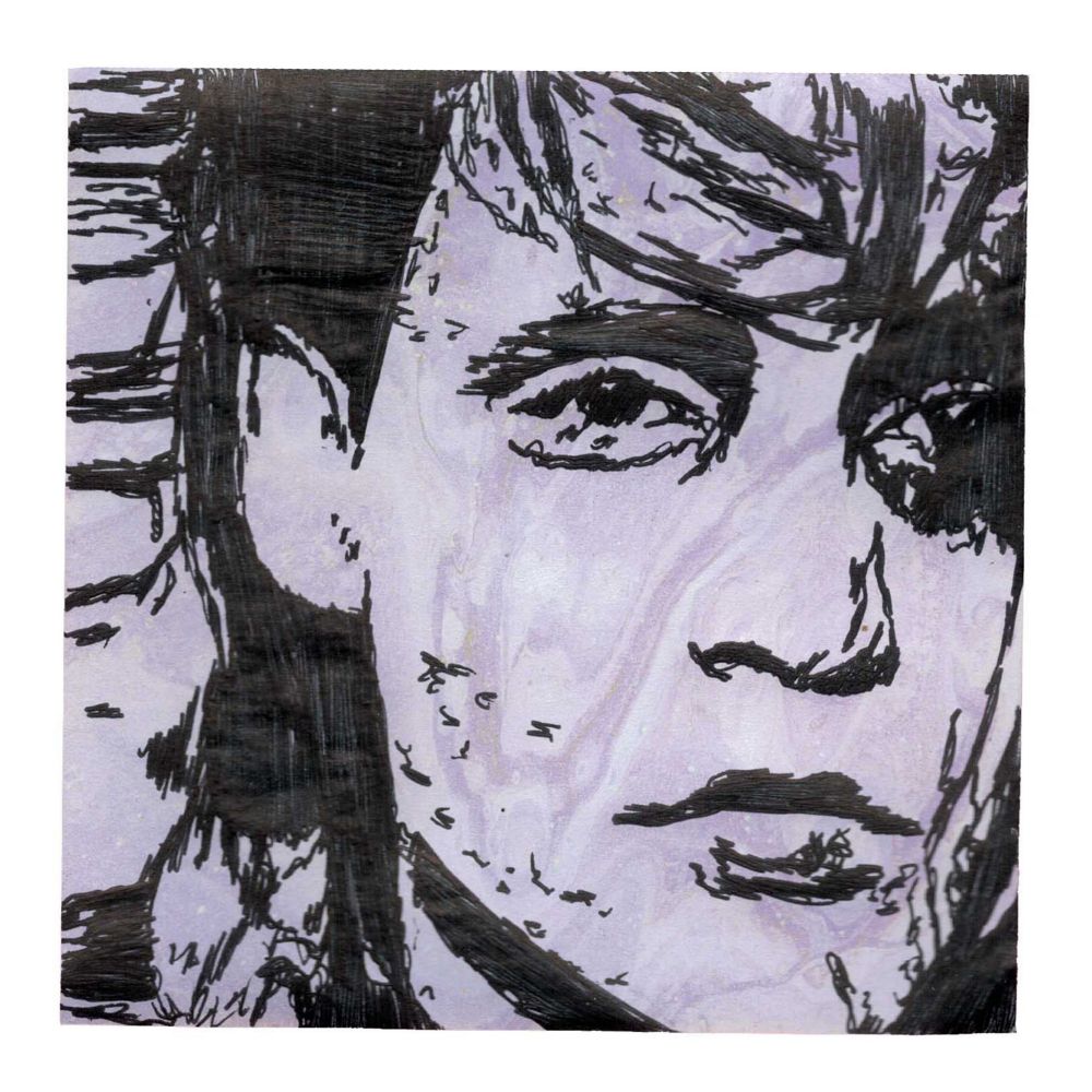 Pen drawing of Johnny Depp as Edward Scissorhands looking depressed drawn on a purple marble Post-It note.