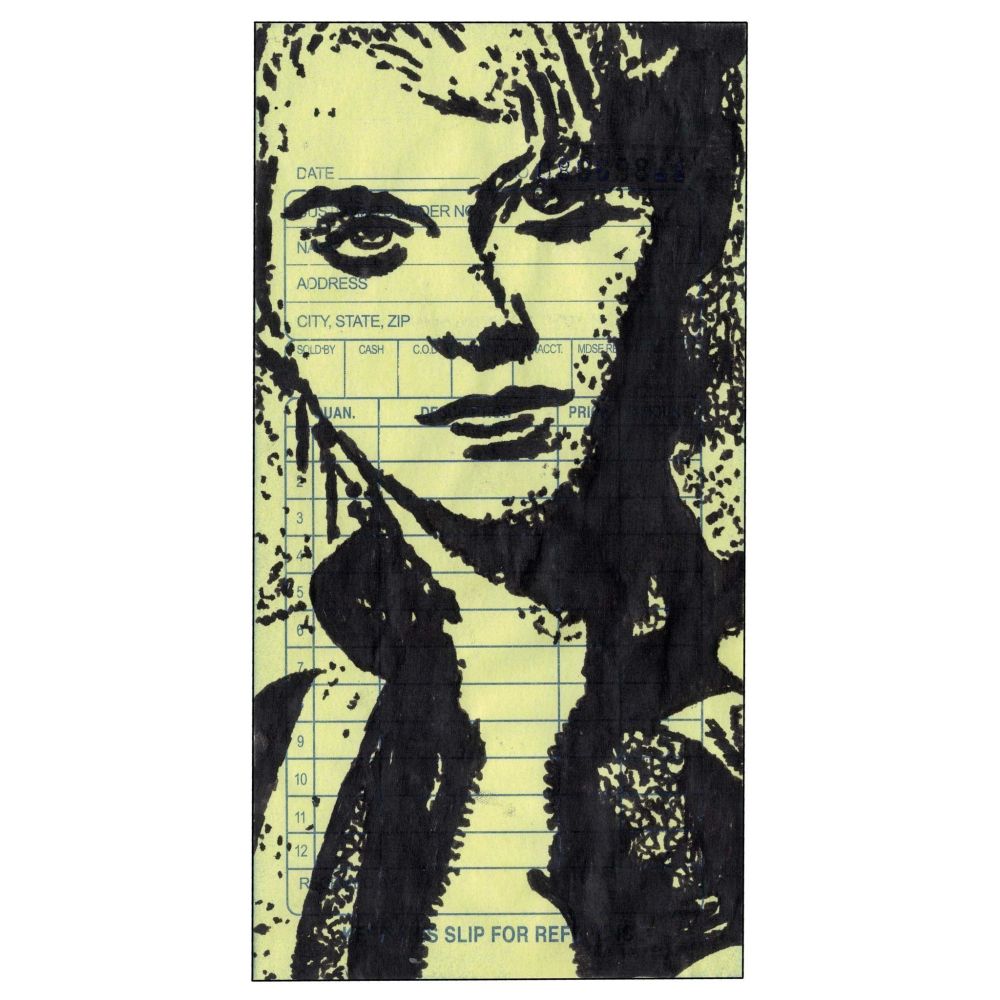 Pen drawing of Helen Slater with short hair wearing a zip-up vinyl suit drawn on a yellow receipt slip.