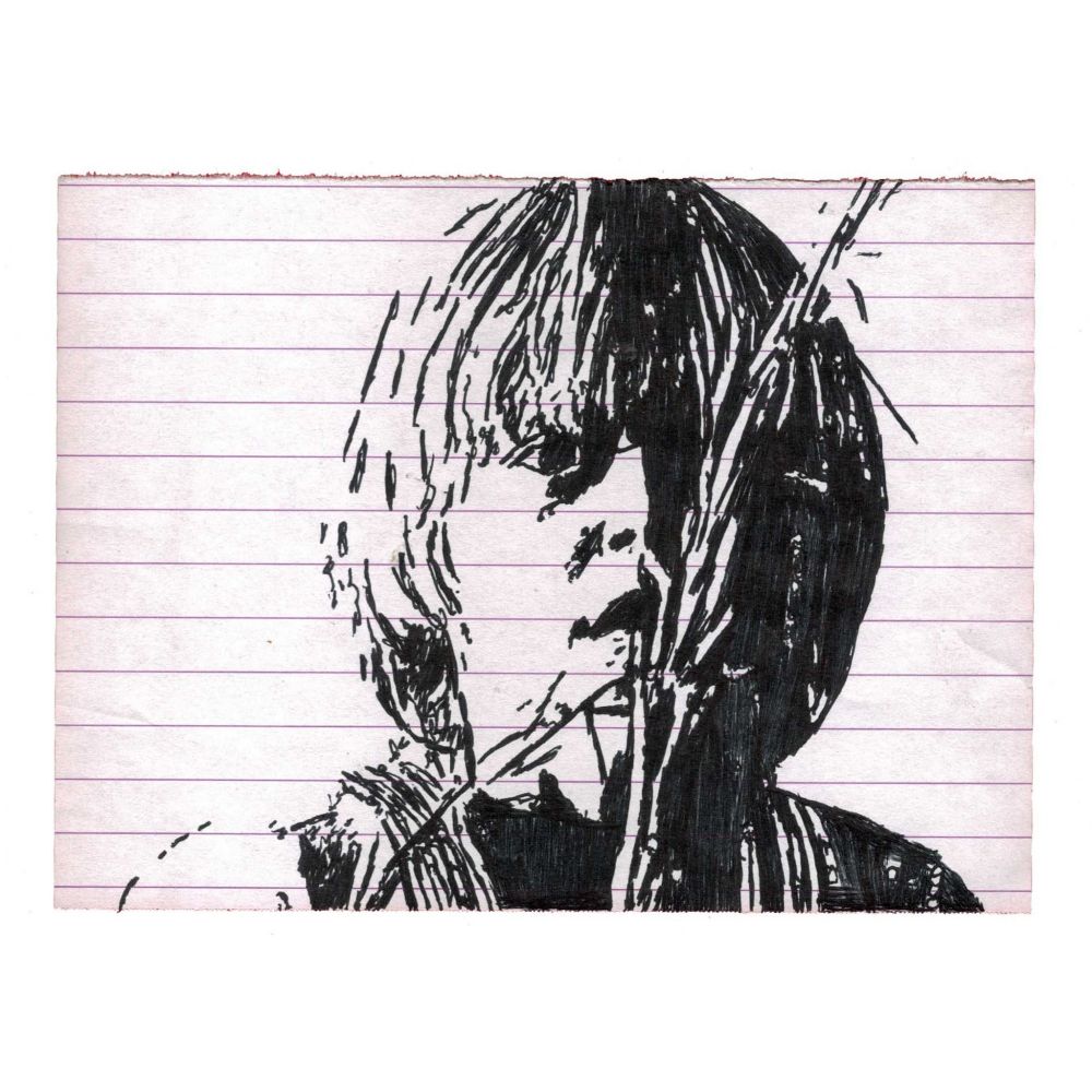 Pen drawing of a kid wearing overalls and looking scared drawn on a torn notebook page.