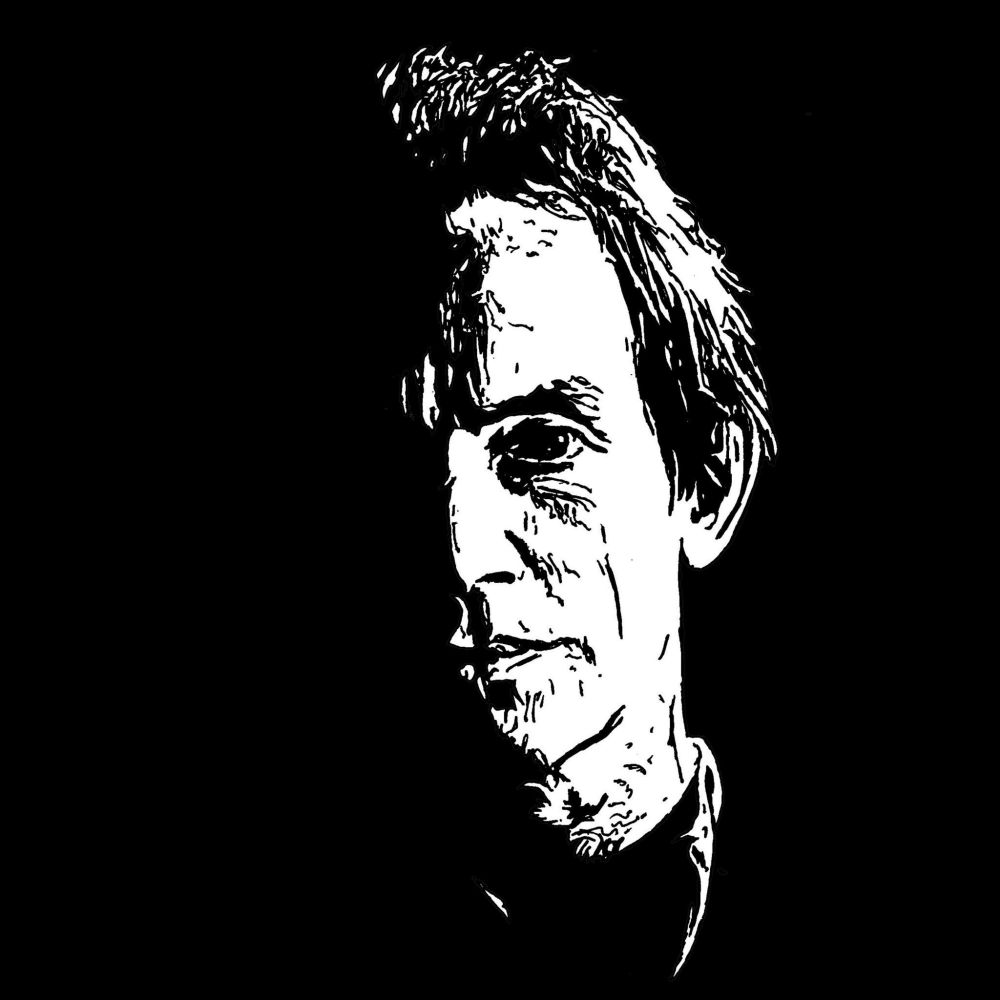 Pen drawing of Lance Henriksen wearing overalls and smiling slightly with half of his face obscured by shadows drawn on a black background.
