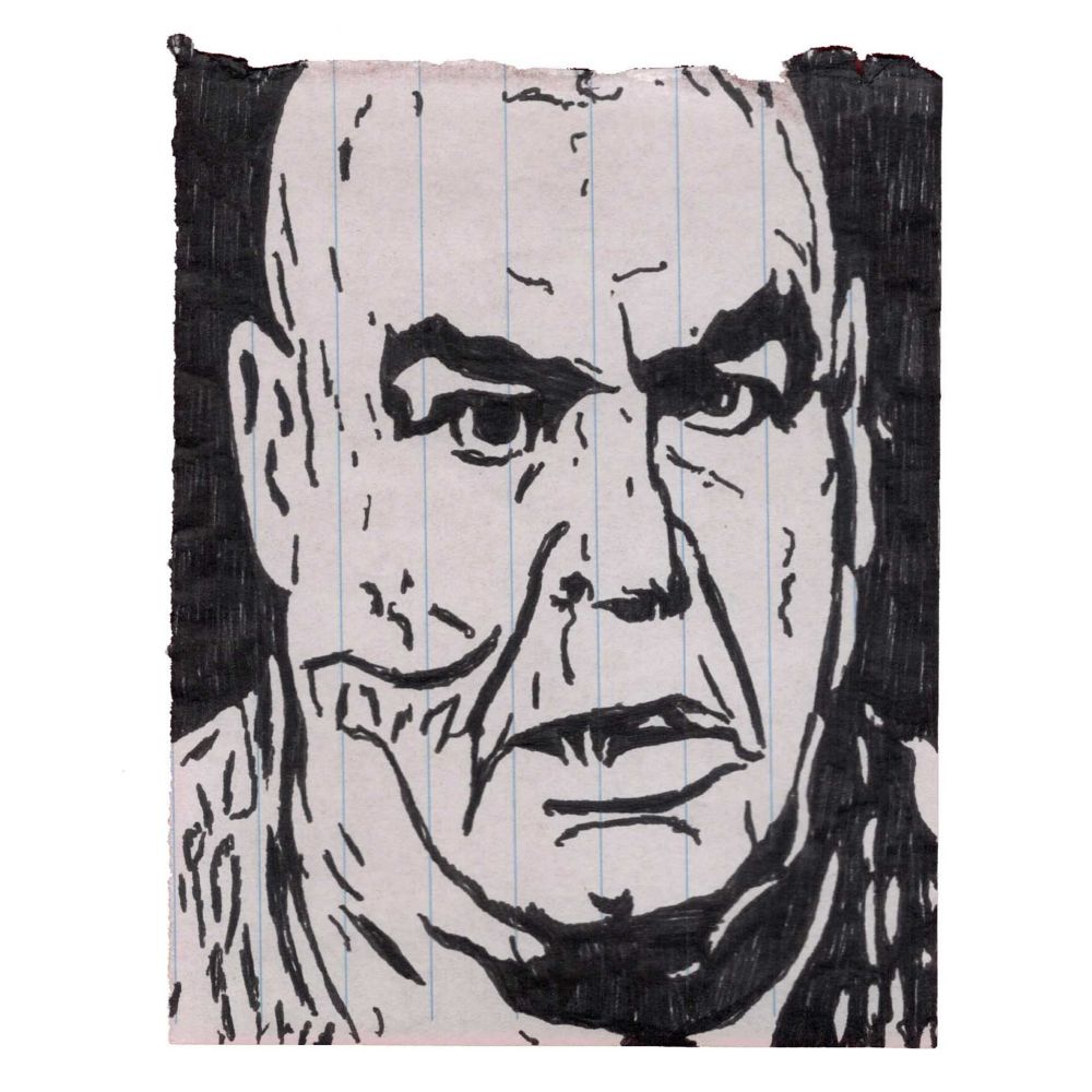Pen drawing of a worried-looking Tor Johnson glancing to the right drawn on a torn notebook page.