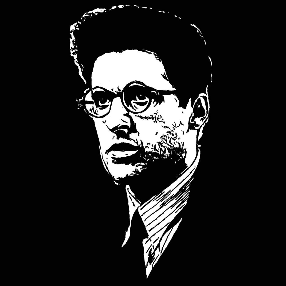Black and white pop art drawing of John Turturro wearing a suit and glasses with a worried expression on his face drawn on black background.