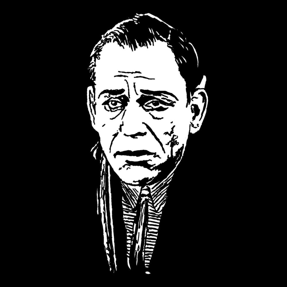 Black and white pop art drawing of Lon Chaney wearing suit and coat with a sad expression on his face drawn on a black background.