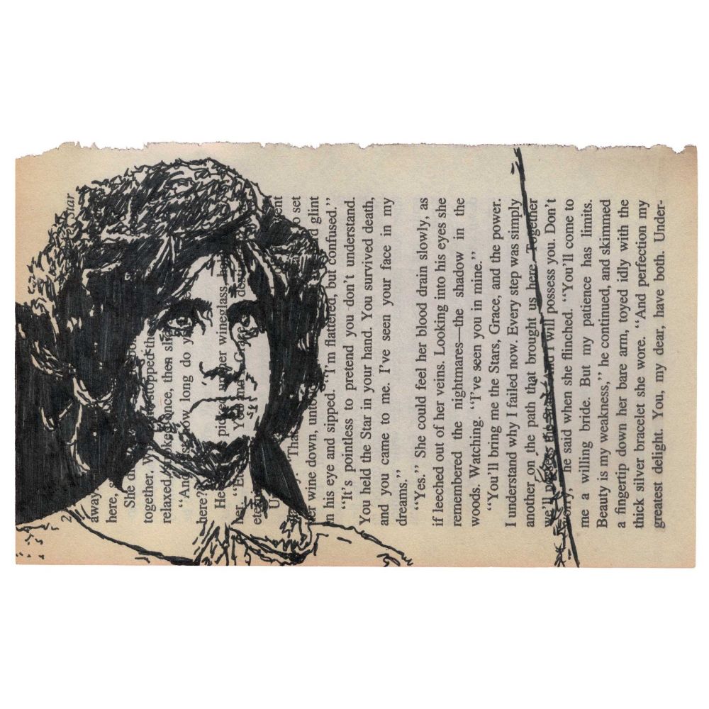 Pen drawing of a womman with a disturbed look in her eyes drawn on a torn-out book page.
