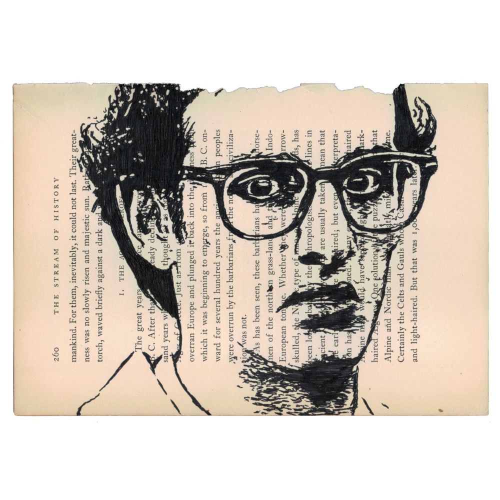 Pen drawing of Keith Gordon wearing thick glasses and a button-up shirt with a scared expression on his face drawn on a torn-out book page.