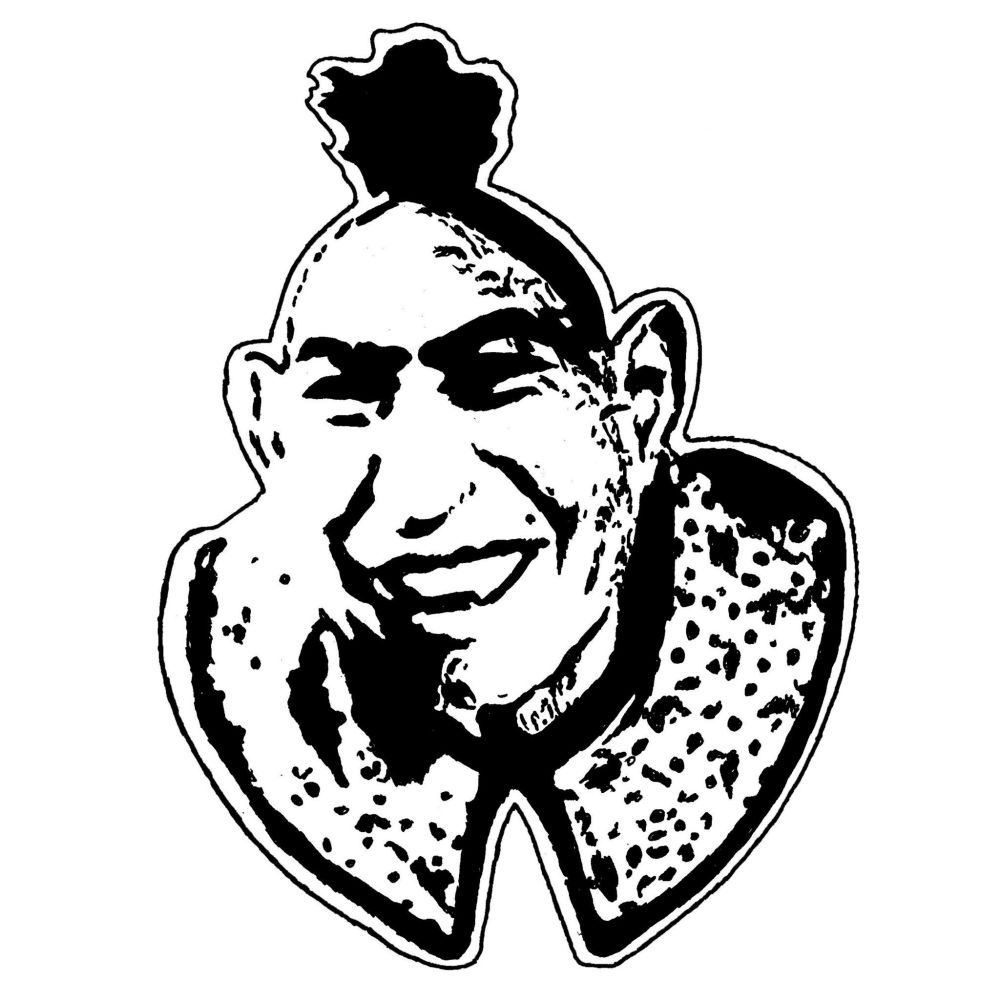 Pen drawing of Schlitzie wearing a large collar and smiling drawn on a white background.