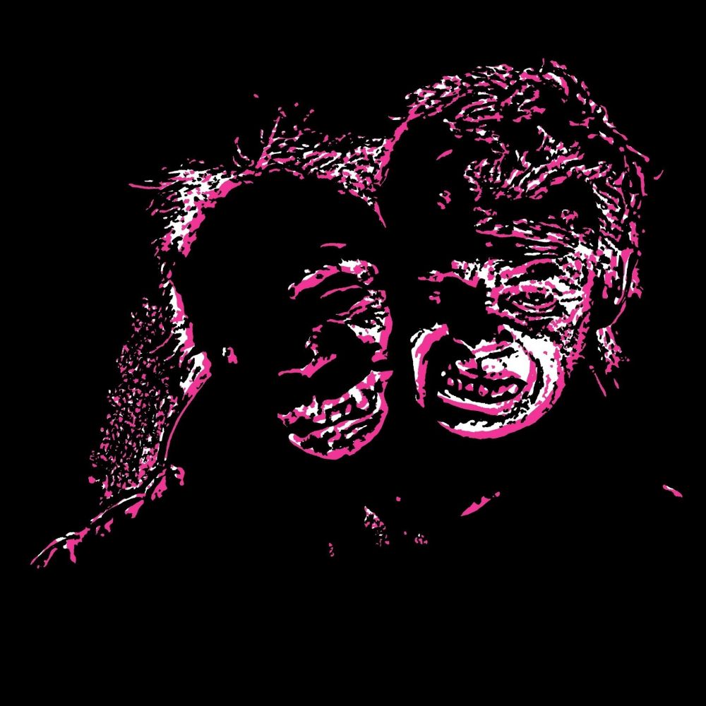 Magenta black and white pop art drawing of a two-headed monster with one human head and one monstrous head drawn on a black background.