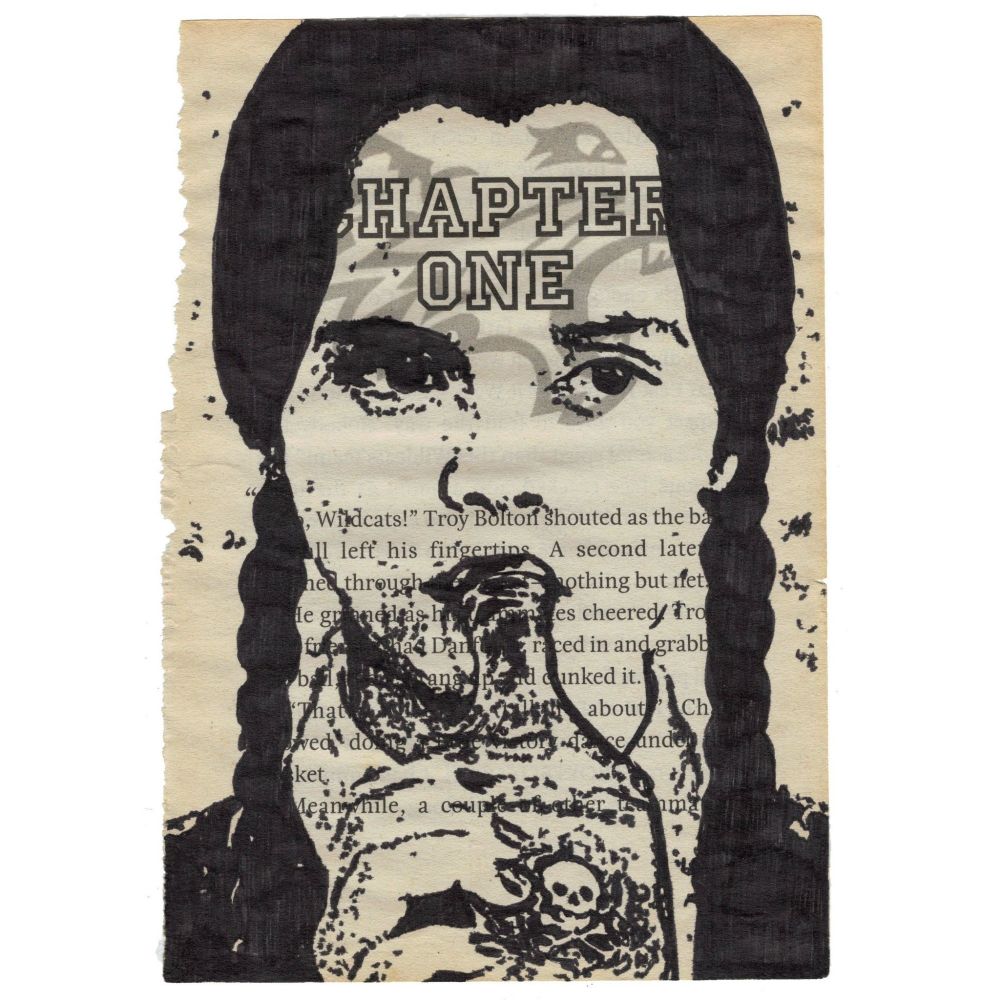 Pen drawing of a young Christina Ricci in goth attire drinking from a stereotypical bottle of poison drawn on a torn-out book page.