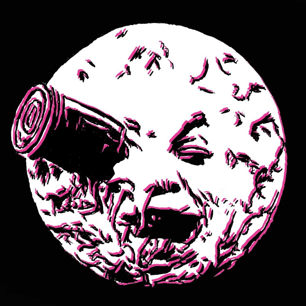 Magenta black and white pop art drawing of the moon with a cartoonish face, and a space capsule crashing into it drawn on a black background.