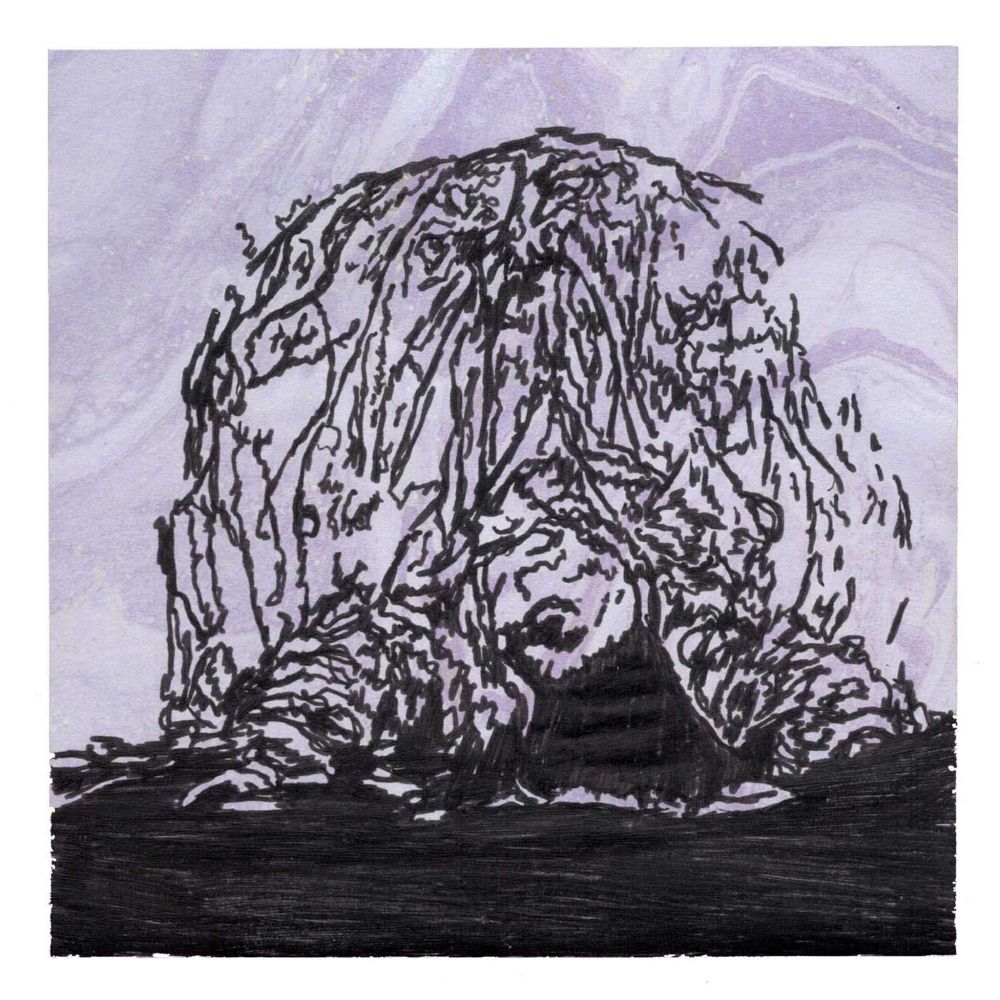 Pen drawing of a bulbous alien creature with a single eye drawn on a marble Post-It note.