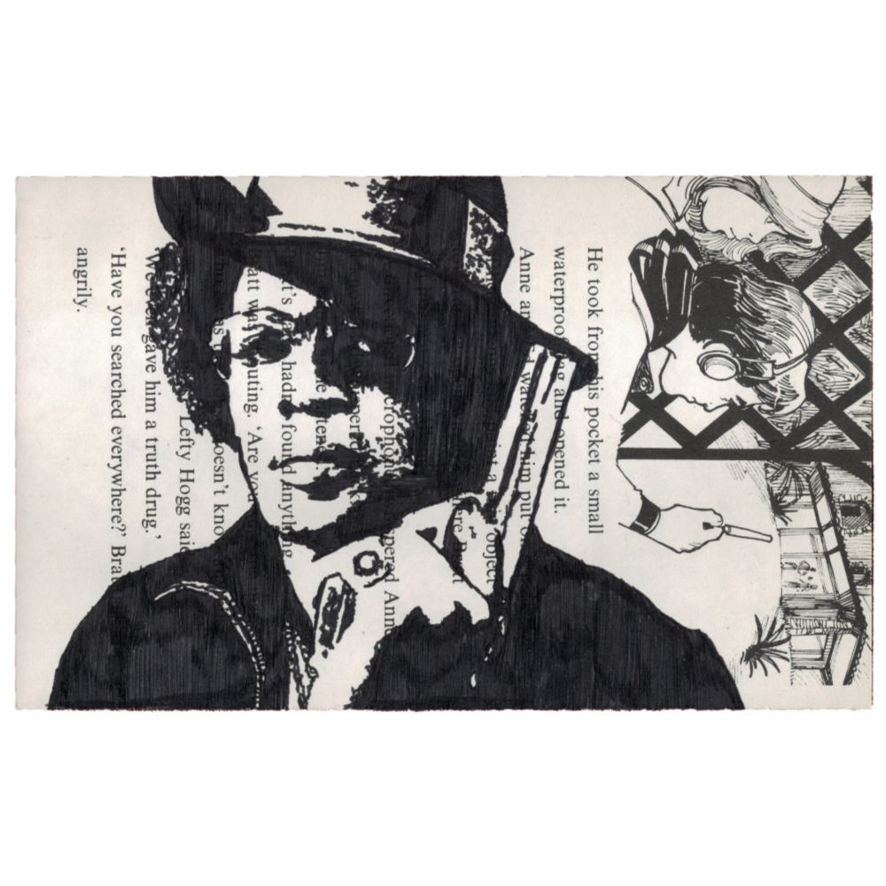 Pen drawing of Bernie Casey wearing a flamboyant hat and holding a gun drawn on a torn-out book page.