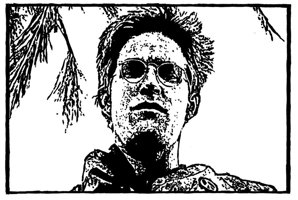 Pen drawing of Matthew Modine staring down with a sad expression on his face with an unhewn border.