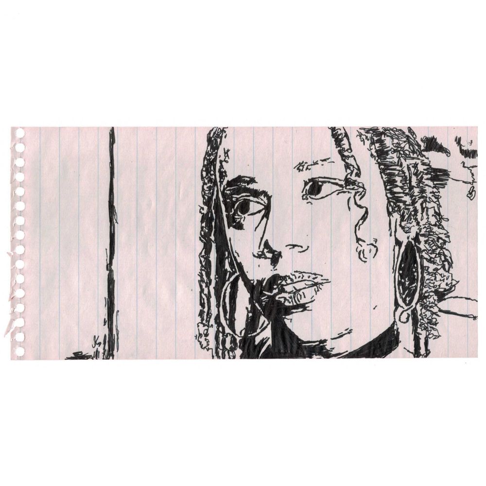 Pen drawing of Rachel True with an exasperated expression on her face drawn on a torn-out notebook page.