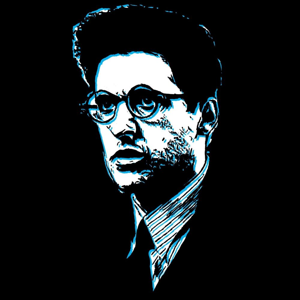 Cyan black and white pop art drawing of John Turturro wearing a suit and glasses with a worried expression on his face drawn on black background.