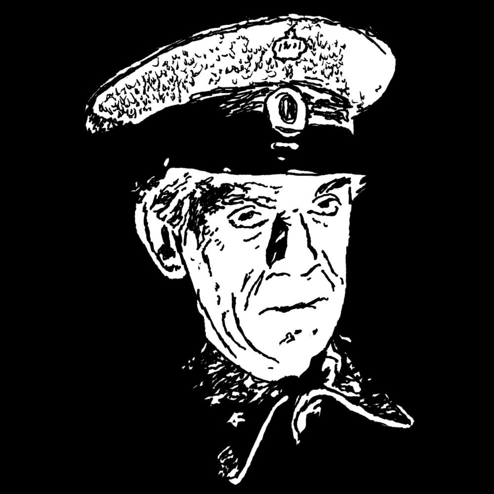 Pen drawing of Boris Karloff wearing a military uniform with a worried expression on his face drawn on a black background.