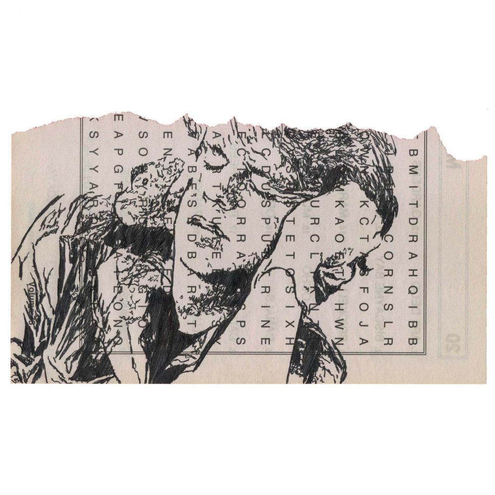Pen drawing of Mark Patton sleeping with his head propped up on his arm drawn on a crossword puzzle book page.
