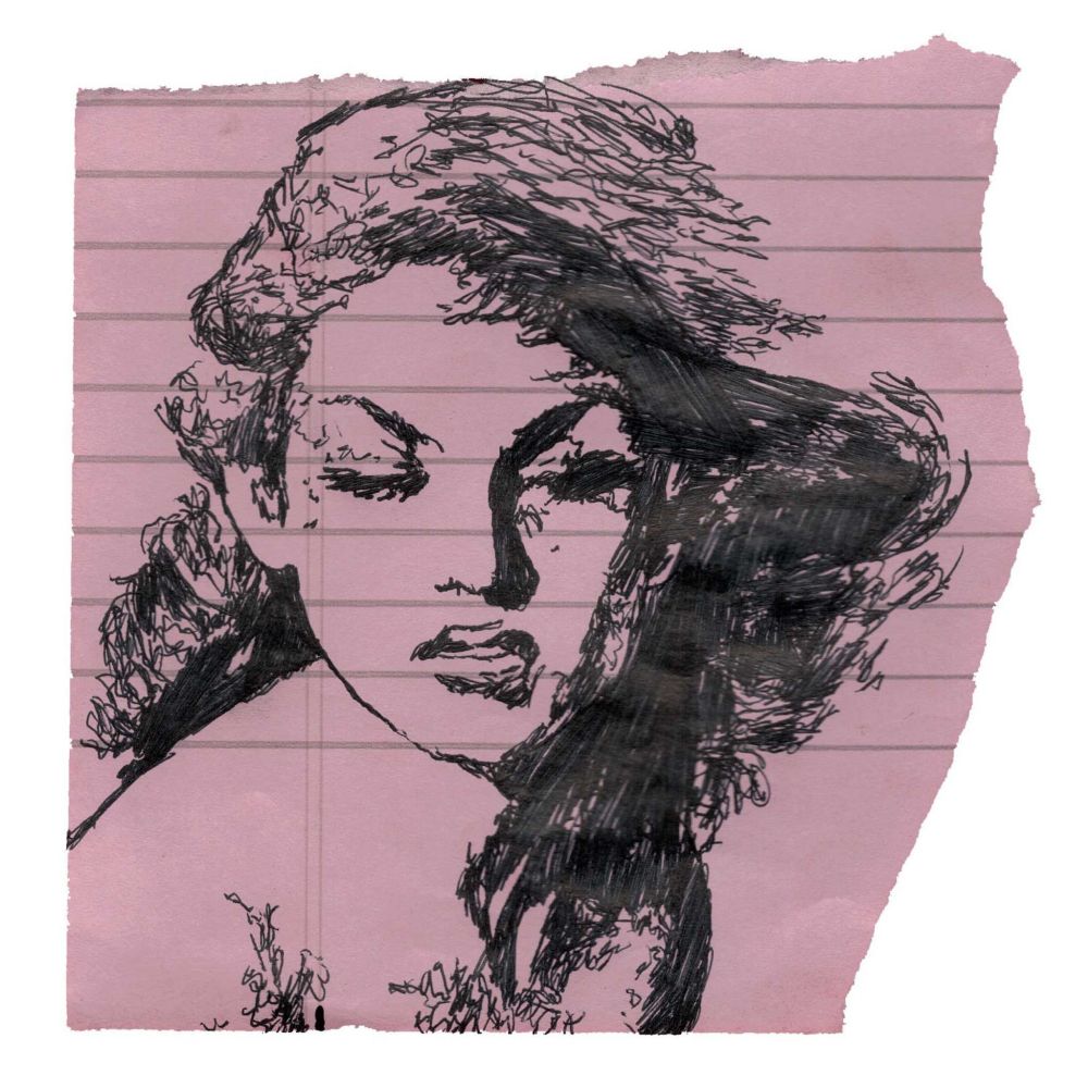 Pen drawing of Allision Hayes scowling drawn on a torn pink notebook page.