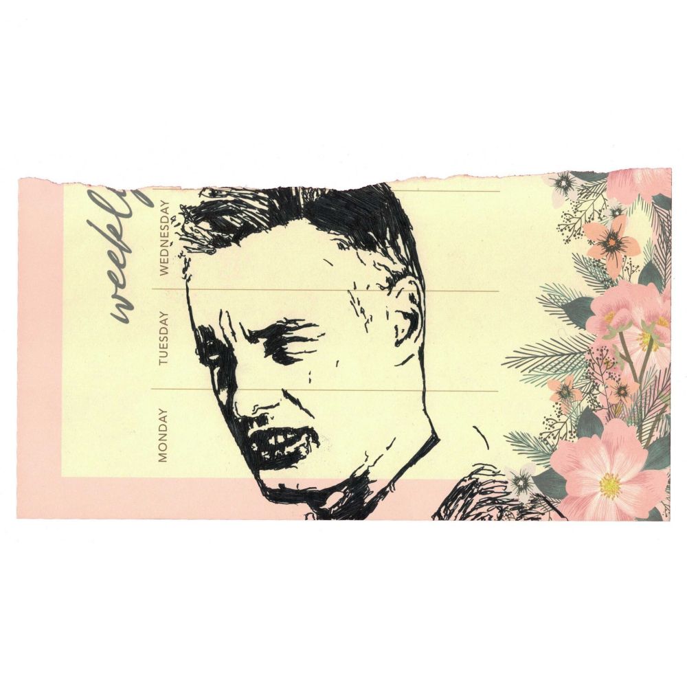 Pen drawing of a young Owen Wilson smiling on a torn weekly planner.