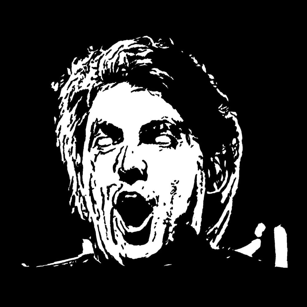 Pen drawing of a man with pupil-less eyeballs yelling joyously and wearing a Satanic cape drawn on a black background.
