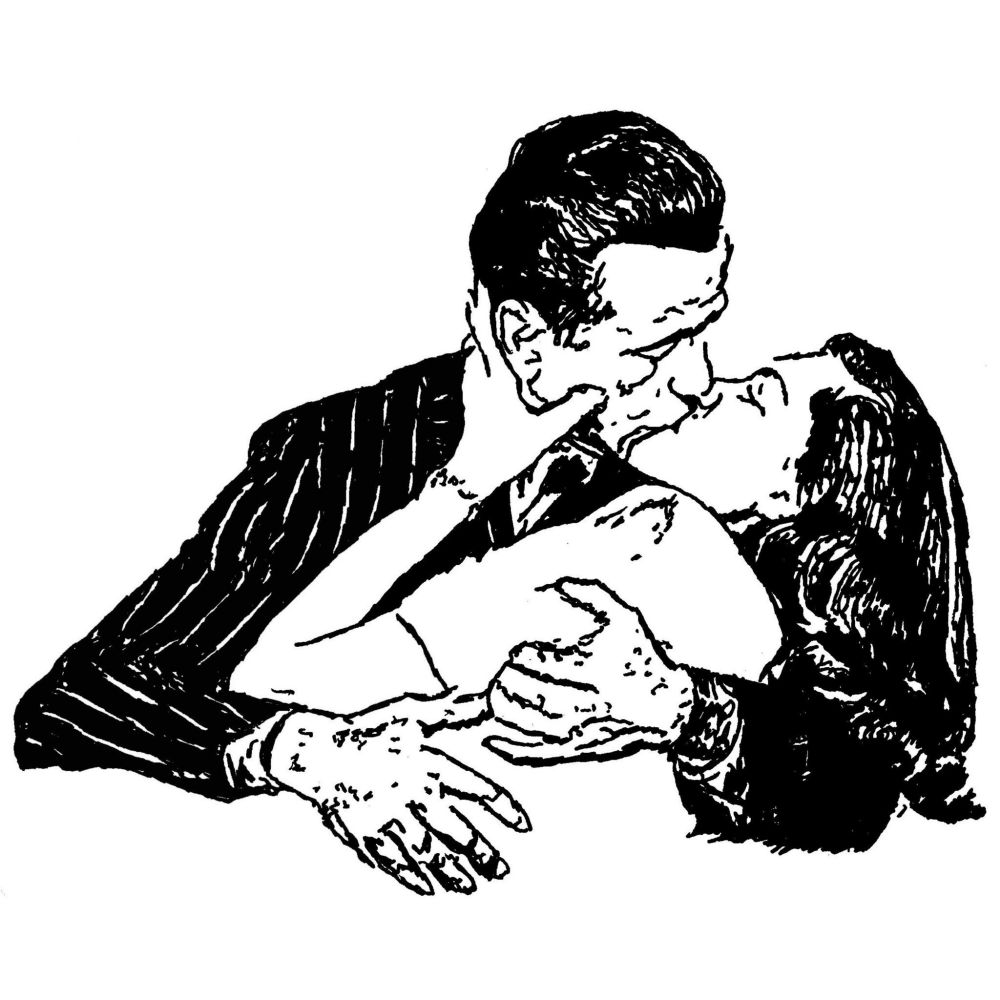 Pen drawing of Humphrey Bogart and Lauren Bacall embracing and kissing drawn on a white background.