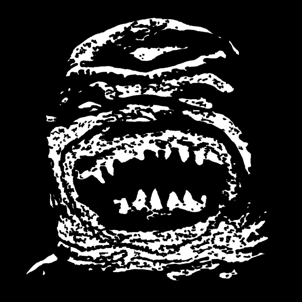 Black and white pop art drawing of a monstrous goblin-like head drawn on a black background.