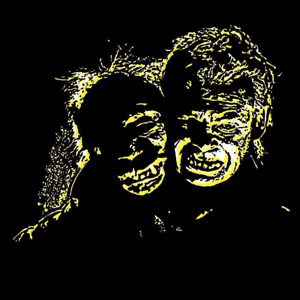 Yellow black and white pop art drawing of a two-headed monster with one human head and one monstrous head drawn on a black background.