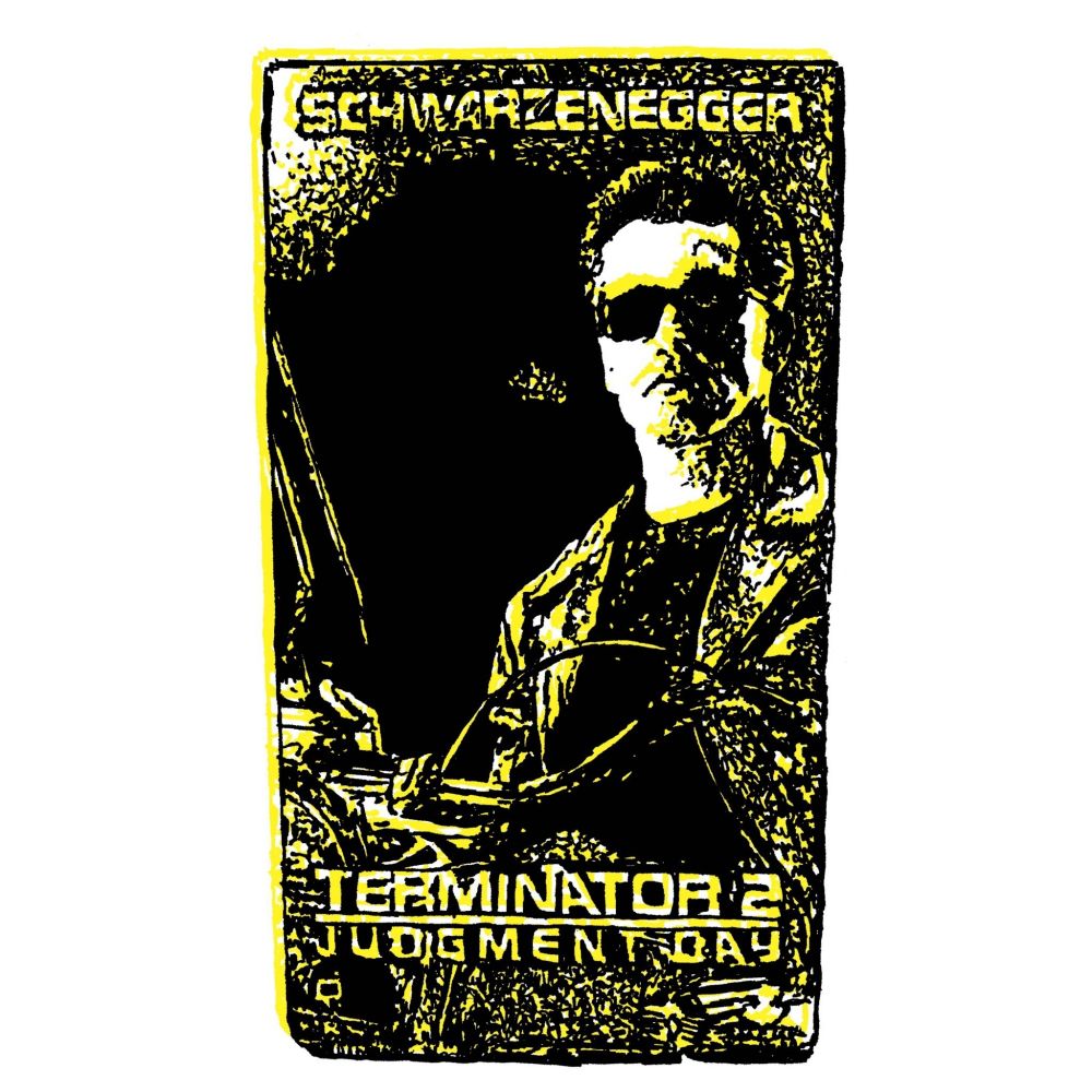 Yellow black and white pop art drawing of the VHS box for Terminator 2 drawn on a black background.