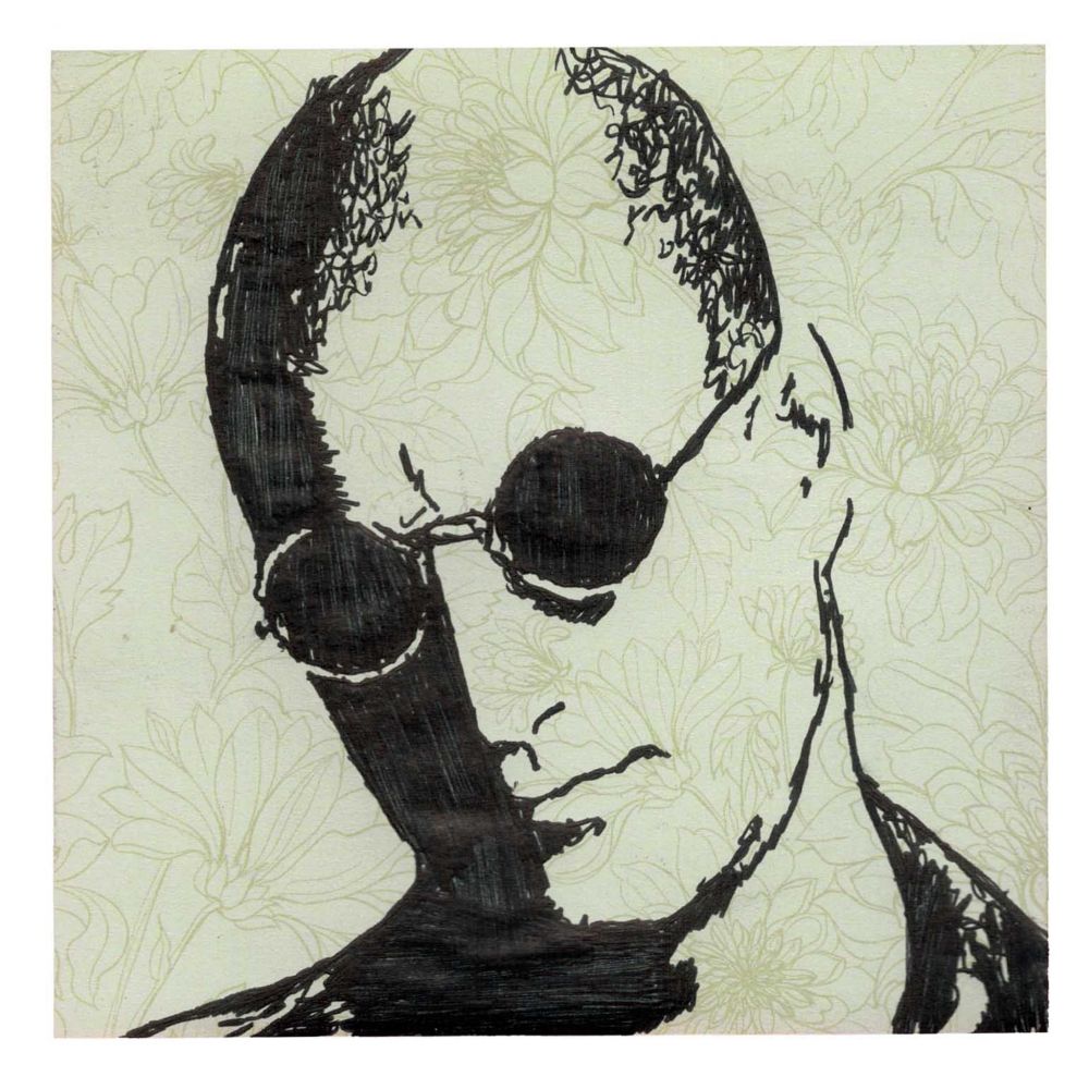 Pen drawing of a bald Woody Harrelson staring intensely wearing round sunglasses drawn on a green floral Post-It note.