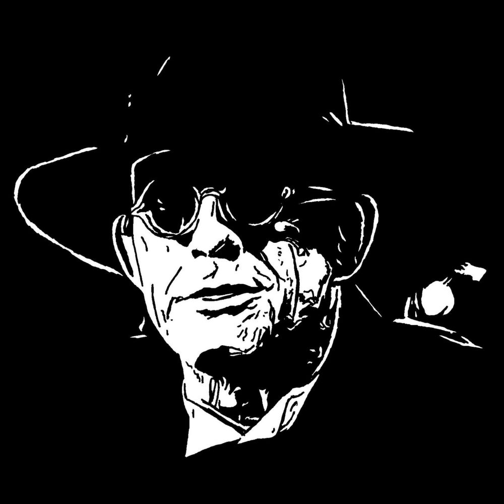 Pen drawing of Christopher Lloyd wearing a fedora and circular glasses drawn on a black background.