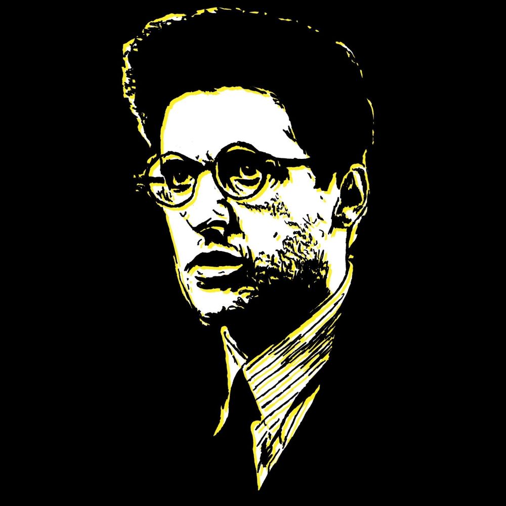 Yellow black and white pop art drawing of John Turturro wearing a suit and glasses with a worried expression on his face drawn on black background.