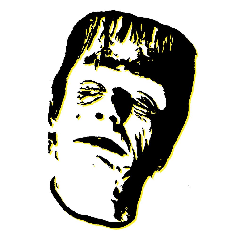 Yellow black and white pop art drawing of Glenn Strange glancing to the left and scowling drawn on a white background.