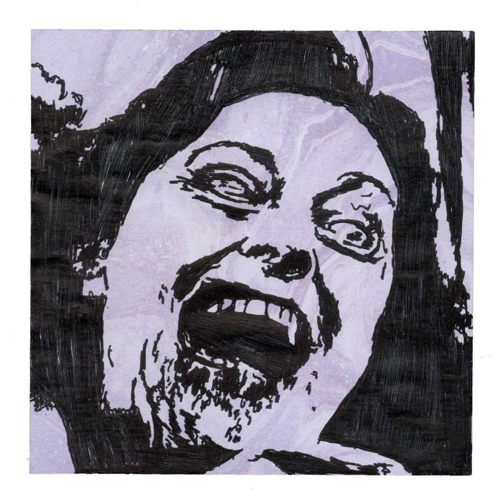 Pen drawing of a zombie with viscera dripping from her mouth drawn on a purple marbled Post-It note.