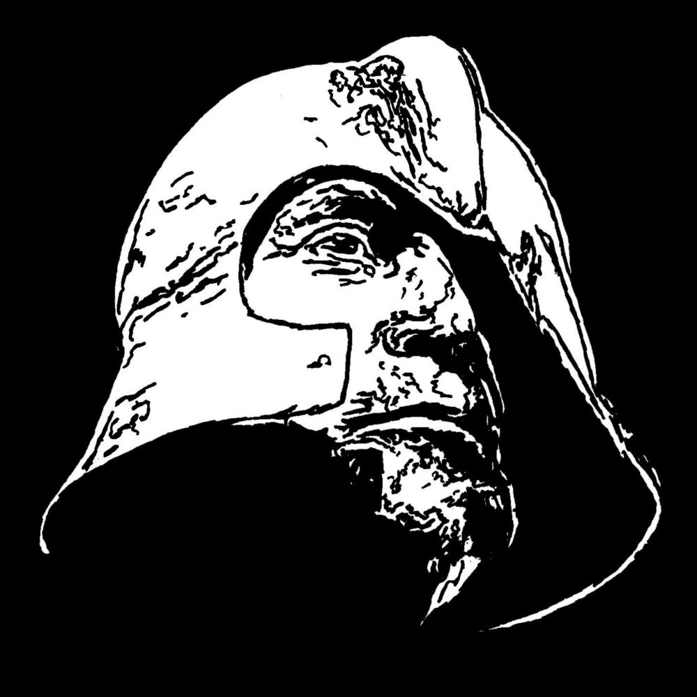 Pen drawing of Jack Palance wearing a medieval helmet with a stern expression on his face drawn on a black background.
