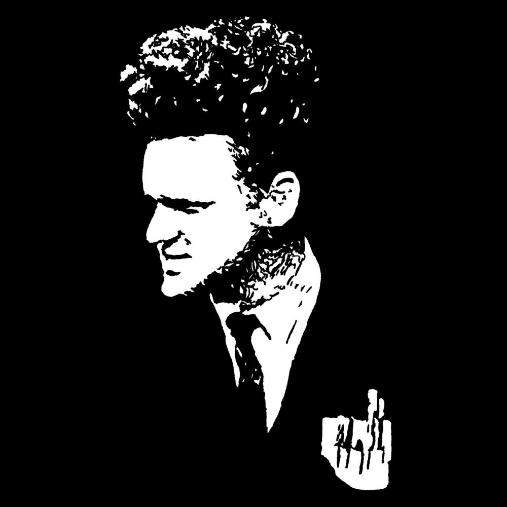 Pen drawing of Jack Nance in Eraserhead staring to the right with a slight smile and poofy hair wearing a suit with a pocket protetor drawn on a black background.