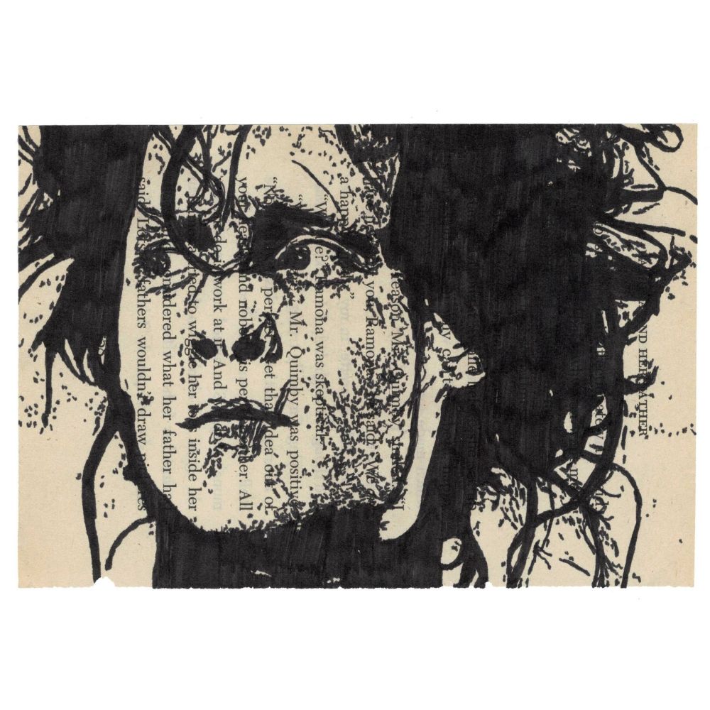 Pen drawing of Johnny Depp as Edward Scissorhands looking to the left sadly drawn on a torn-out book page.