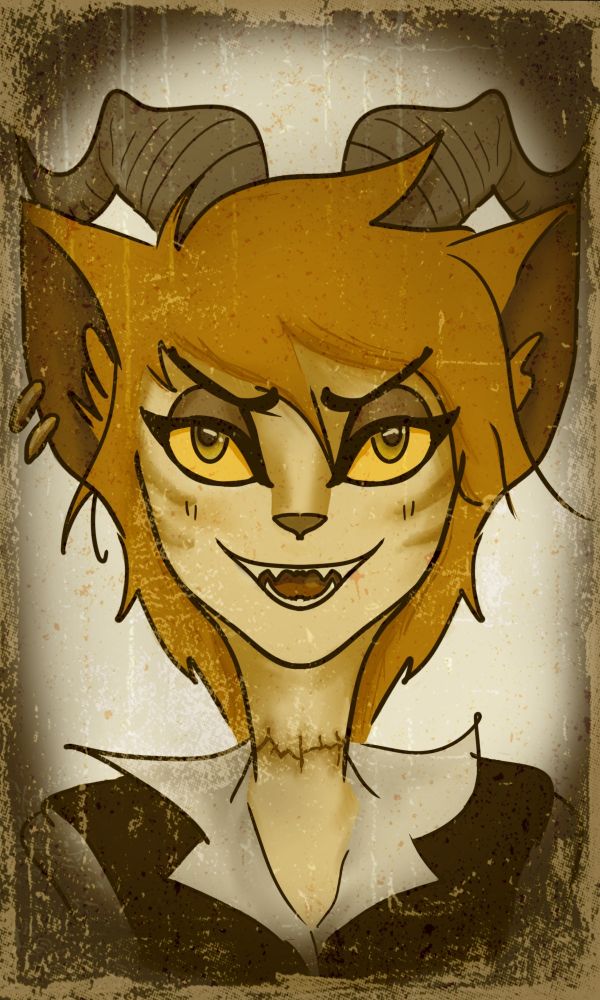 An original character commission set in the Hazbin Hotel Universe.
The character is humanoid, with cat features, including ears, nose, and face markings. He has ginger coloured hair/fur, and has a set of long horns. There is a jagged scar around his neck. The picture is sepia toned and appears worn and creased with age.