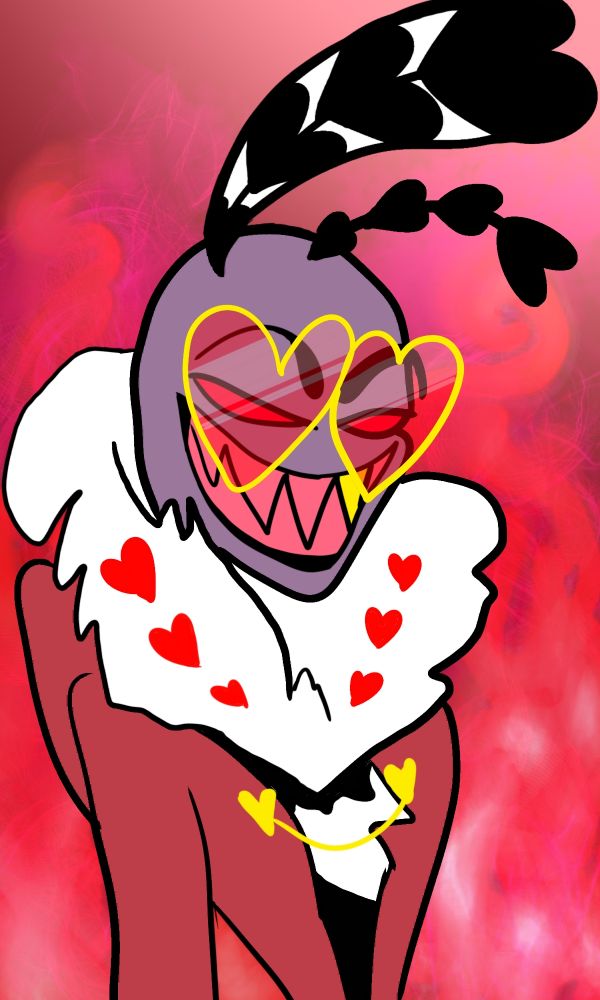 Fan art of Valentino from Hazbin Hotel, smirking at the viewer and surrounded by red smoke.