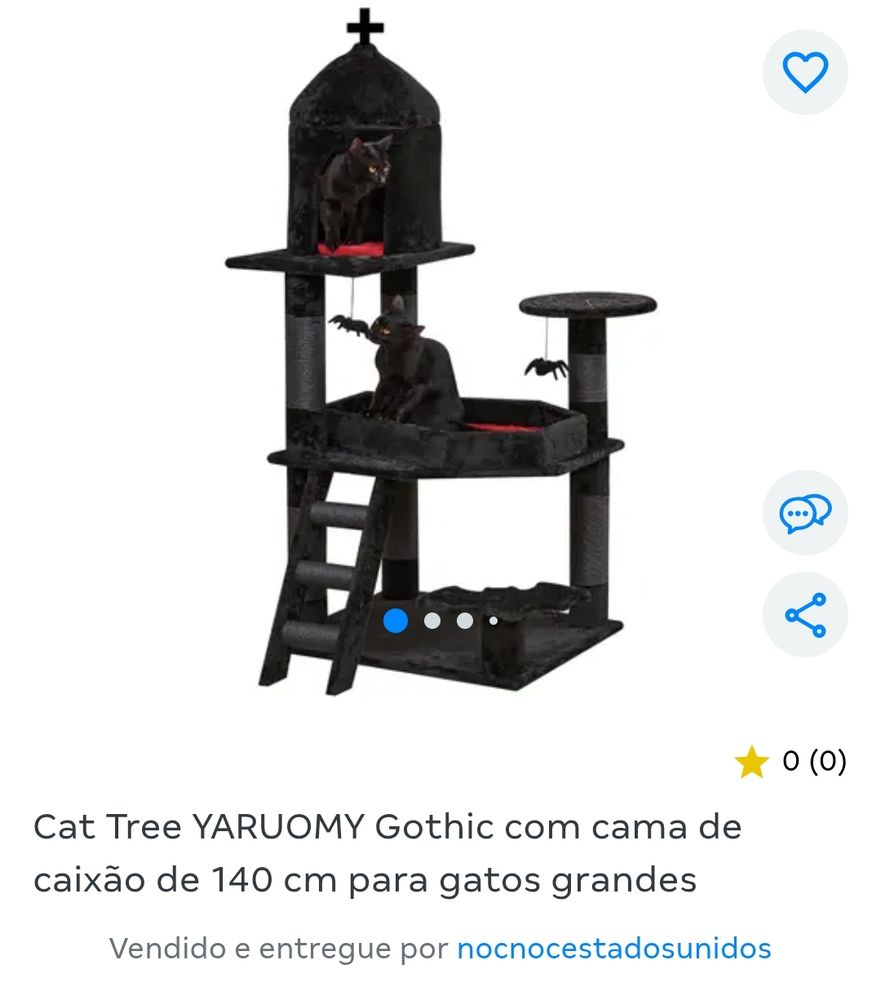 Árvore de gato gótica, em preto e vermelho, com brinquedos em formato de aranhas penduras e nicho tipo igreja no topo e cama estilo caixão, com 140cm de altura, da marca YARUOMY